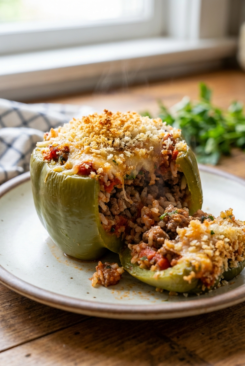 A close-up of a stuffed bell pepper showing the beef and rice filling under a crunchy panko topping