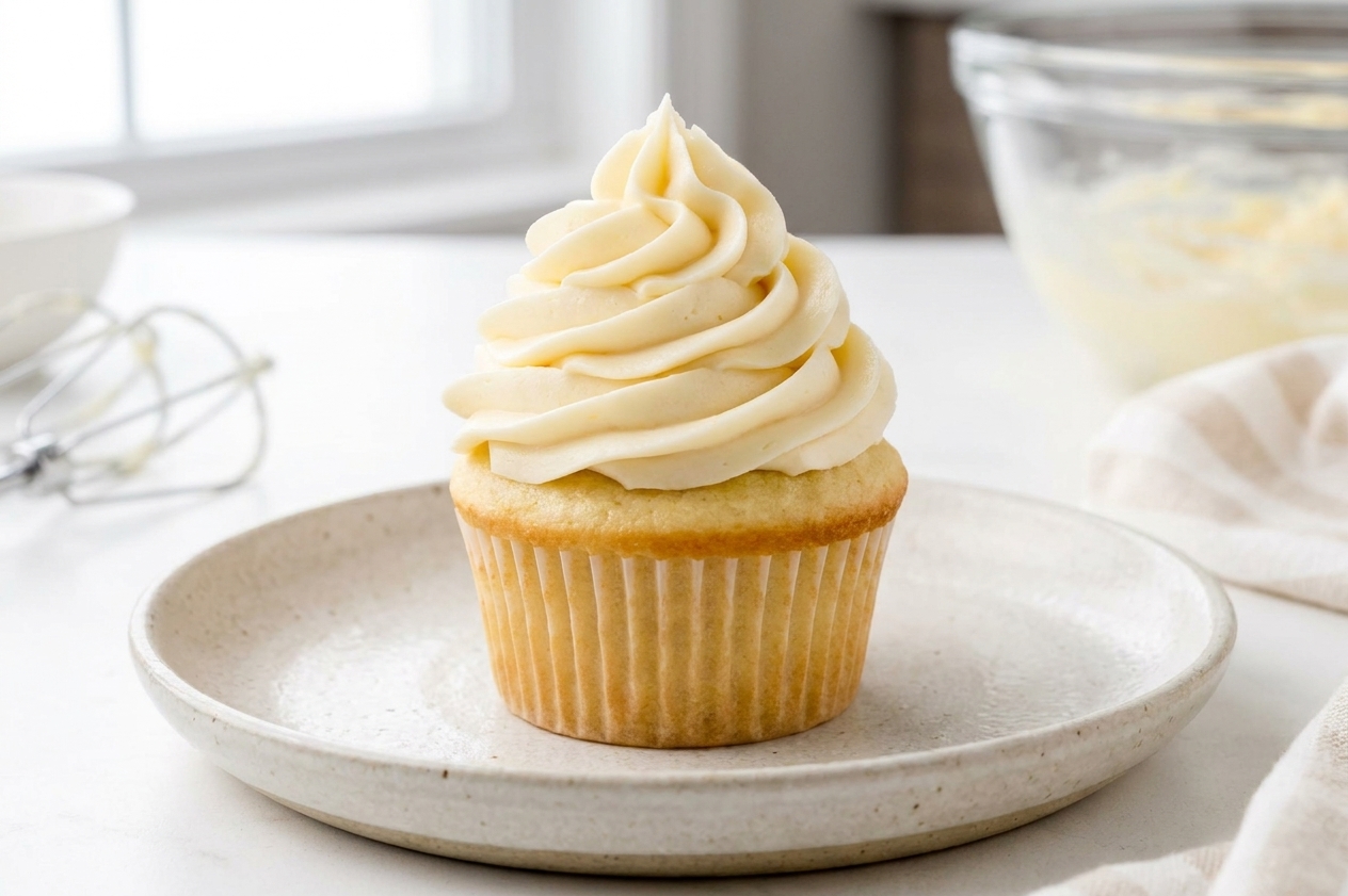 A close-up of a tall swirl of vanilla buttercream piped onto a vanilla cupcake on a light stoneware plate in bright natural kitchen light