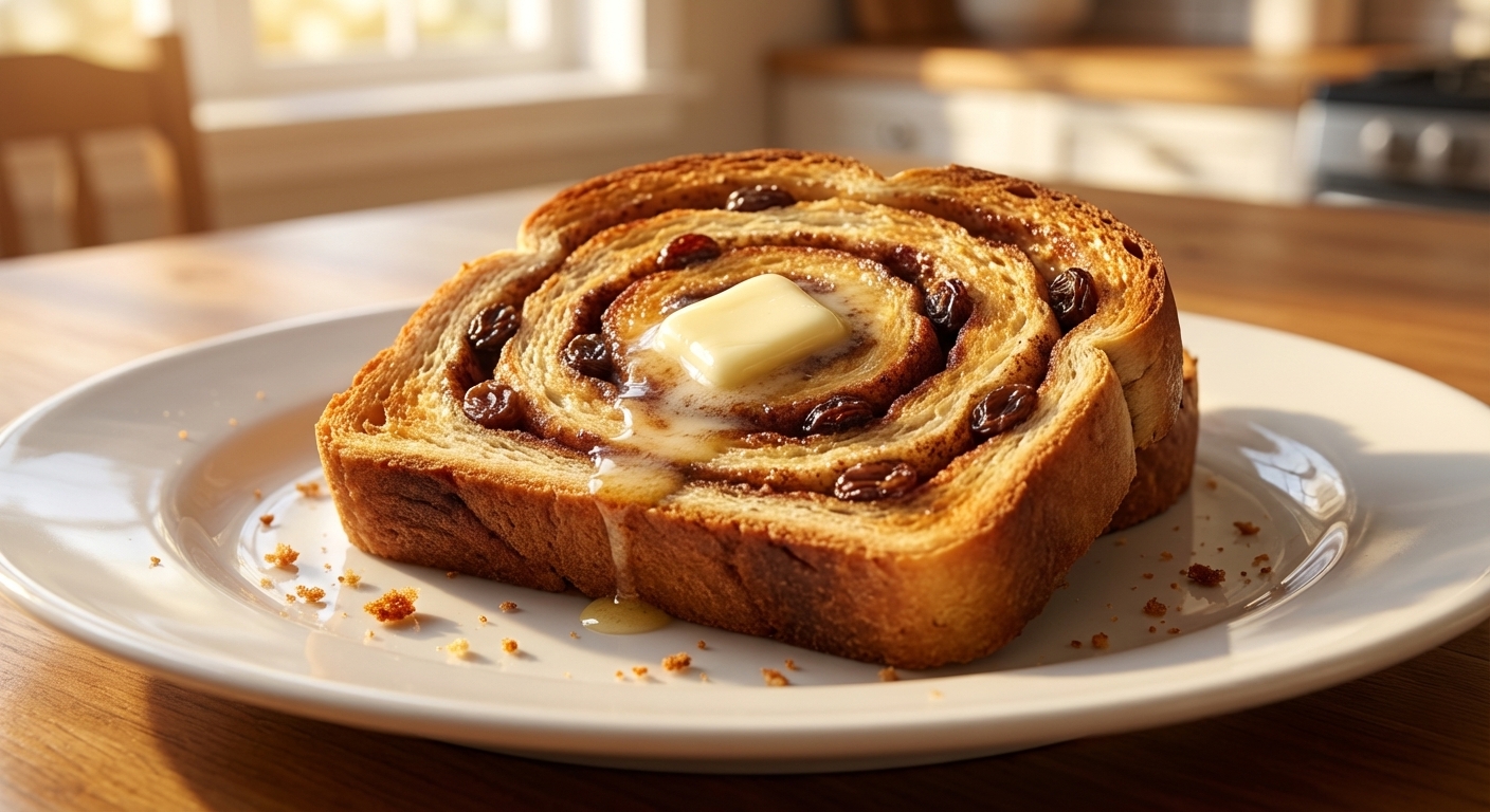 A close-up of a toasted slice of cinnamon raisin swirl bread on a plate with a pat of butter melting into the cinnamon spiral, crumbs visible, warm morning light, photorealistic