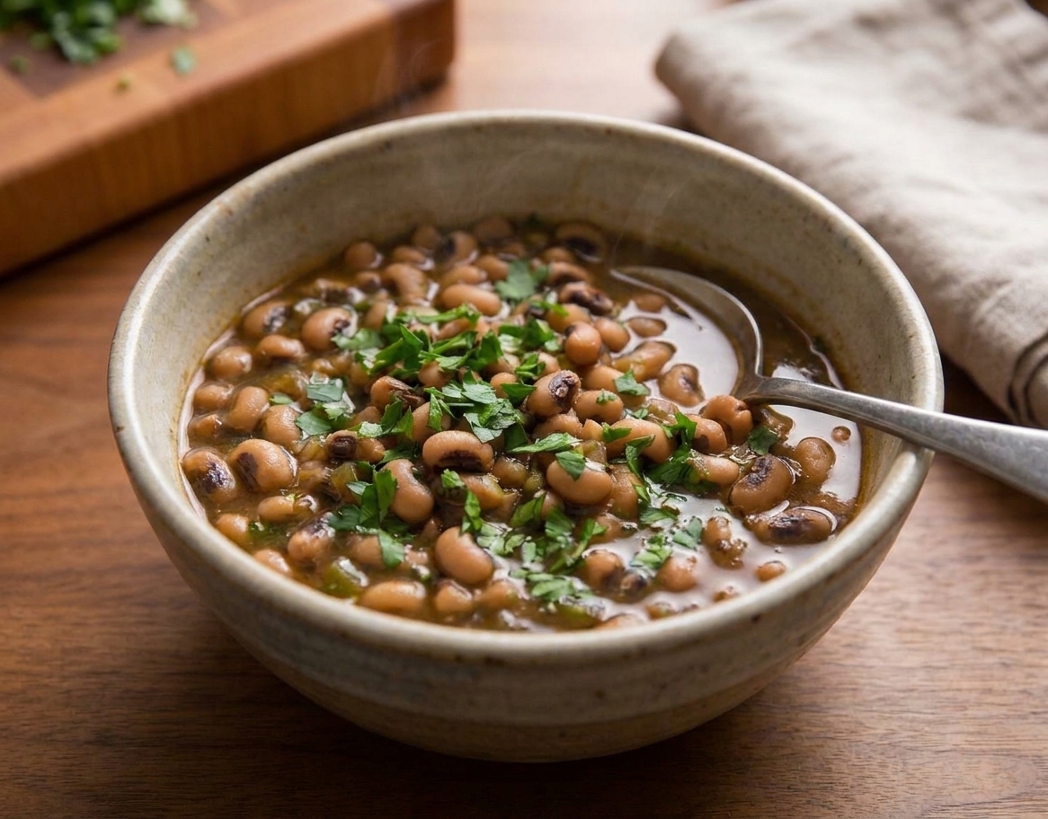 A close-up of a warm bowl of black eyed peas with bits of smoky turkey, diced onion, and chopped parsley in a rich broth on a rustic wooden table