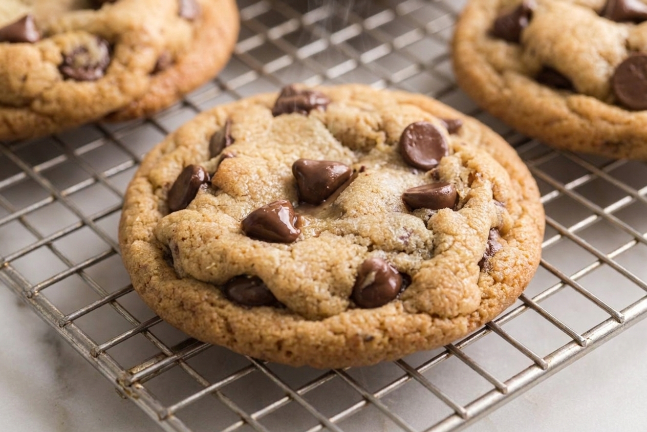 A close-up of a warm chocolate chip cookie with a slightly gooey center and melted chocolate on a cooling rack