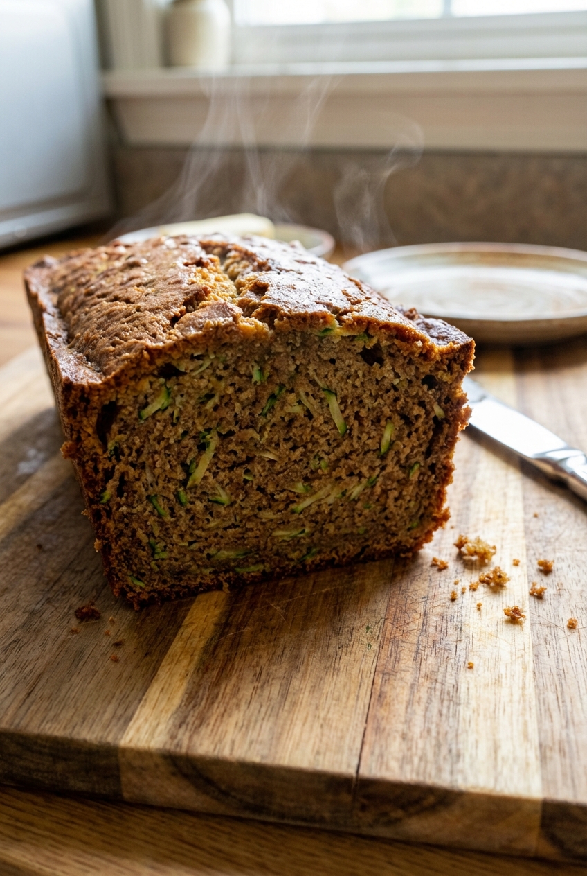 A close-up of a warm slice of zucchini bread showing a moist crumb with small grated zucchini strands