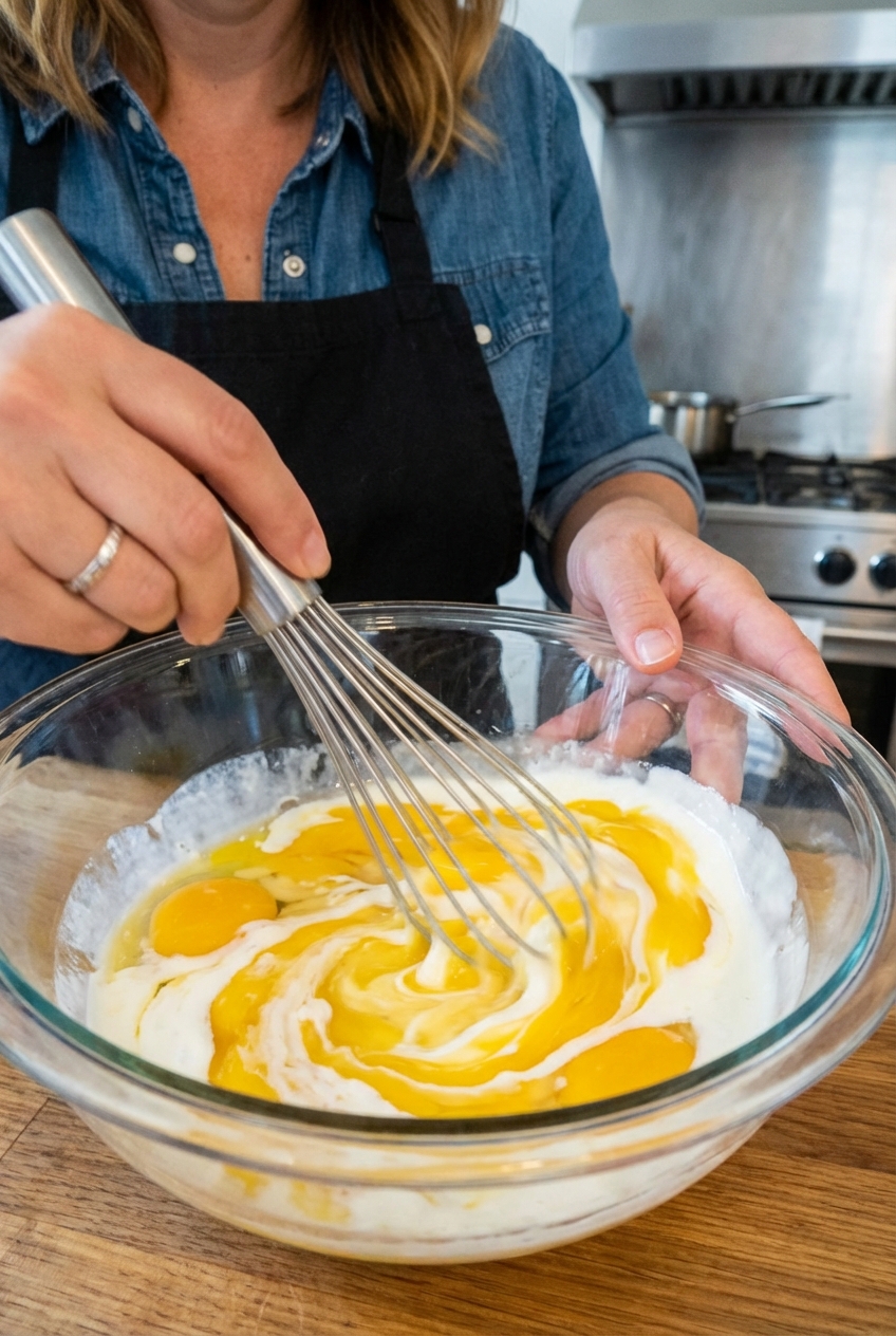 A close-up of a whisk mixing eggs and cream in a glass bowl on a kitchen counter
