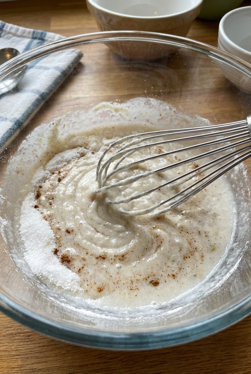 A close-up of a whisk mixing sweet rice flour, sugar, spices, and water in a glass bowl