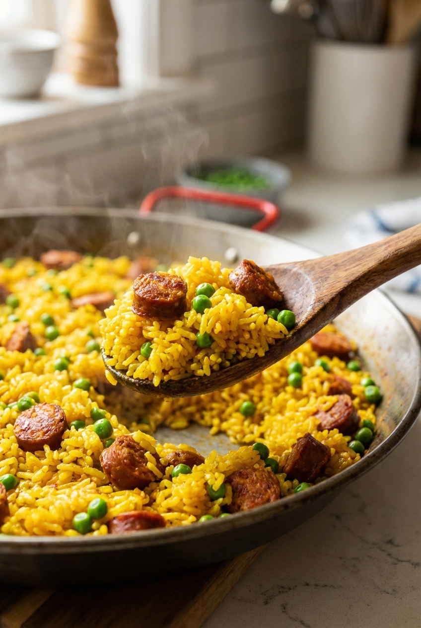 A close-up of a wooden spoon lifting saffron-stained rice with bits of chorizo and peas from a paella pan