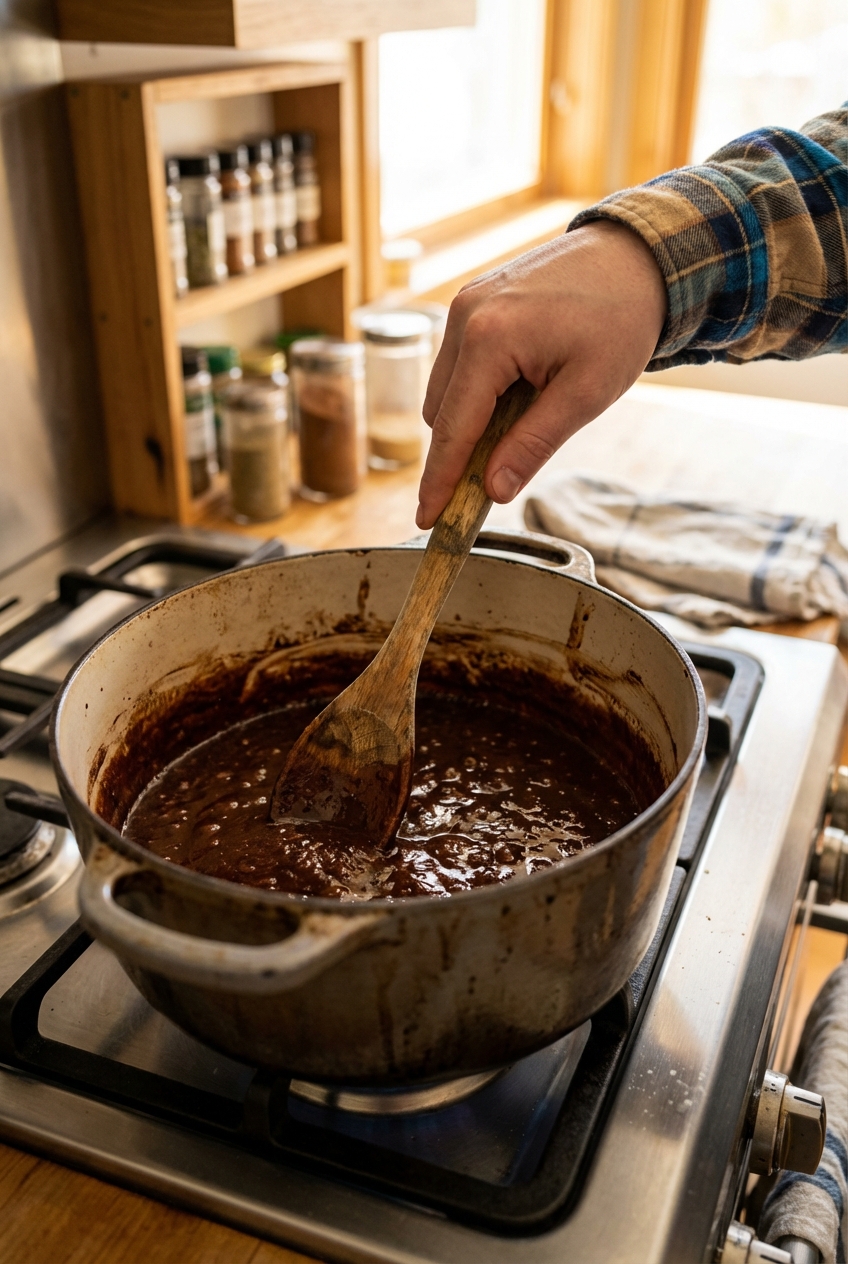 A close-up of a wooden spoon stirring a dark roux in a Dutch oven on a stovetop