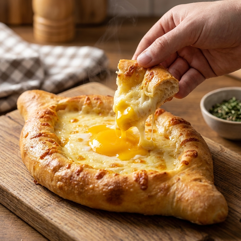 A close-up of an Adjarian khachapuri just out of the oven with melted cheese, a soft egg yolk in the center, and torn pieces of crust dipping into the cheesy egg mixture