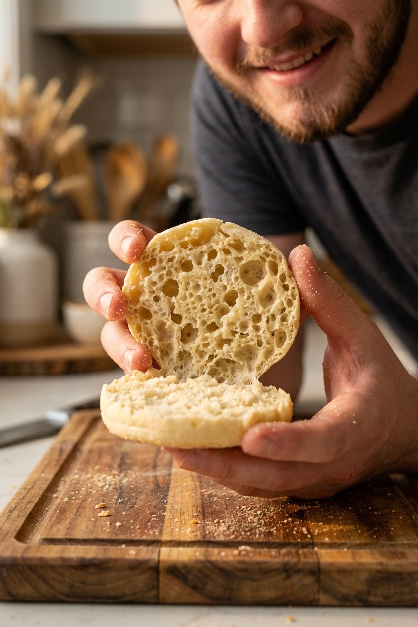 A close-up of an English muffin split open by hand, showing an airy interior with deep nooks and crannies, crumbs scattered on a cutting board, shallow depth of field, photorealistic