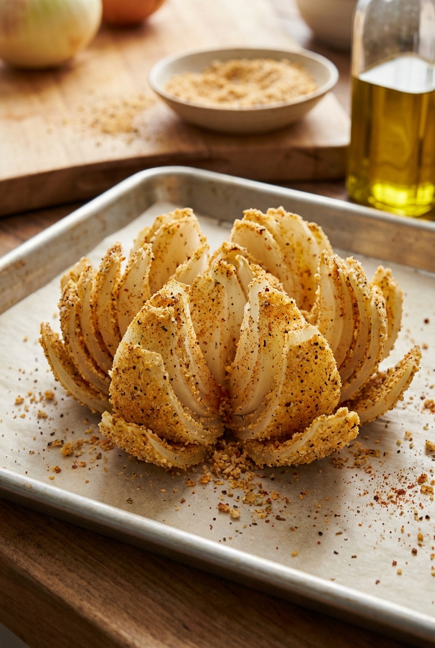 A close-up of an onion cut into petals with seasoning and breading between layers on a baking sheet