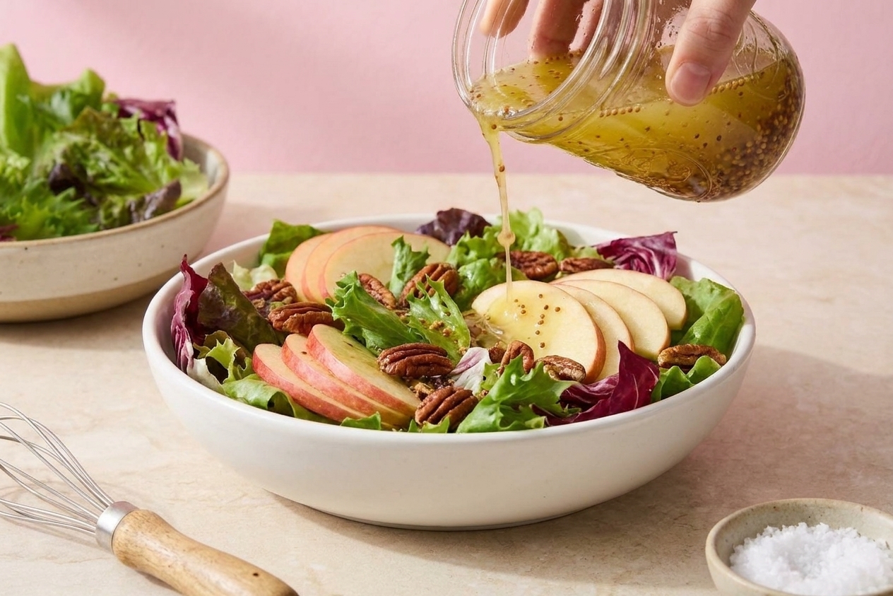 A close up of apple cider vinaigrette being drizzled over a bowl of mixed greens with sliced apples and toasted nuts