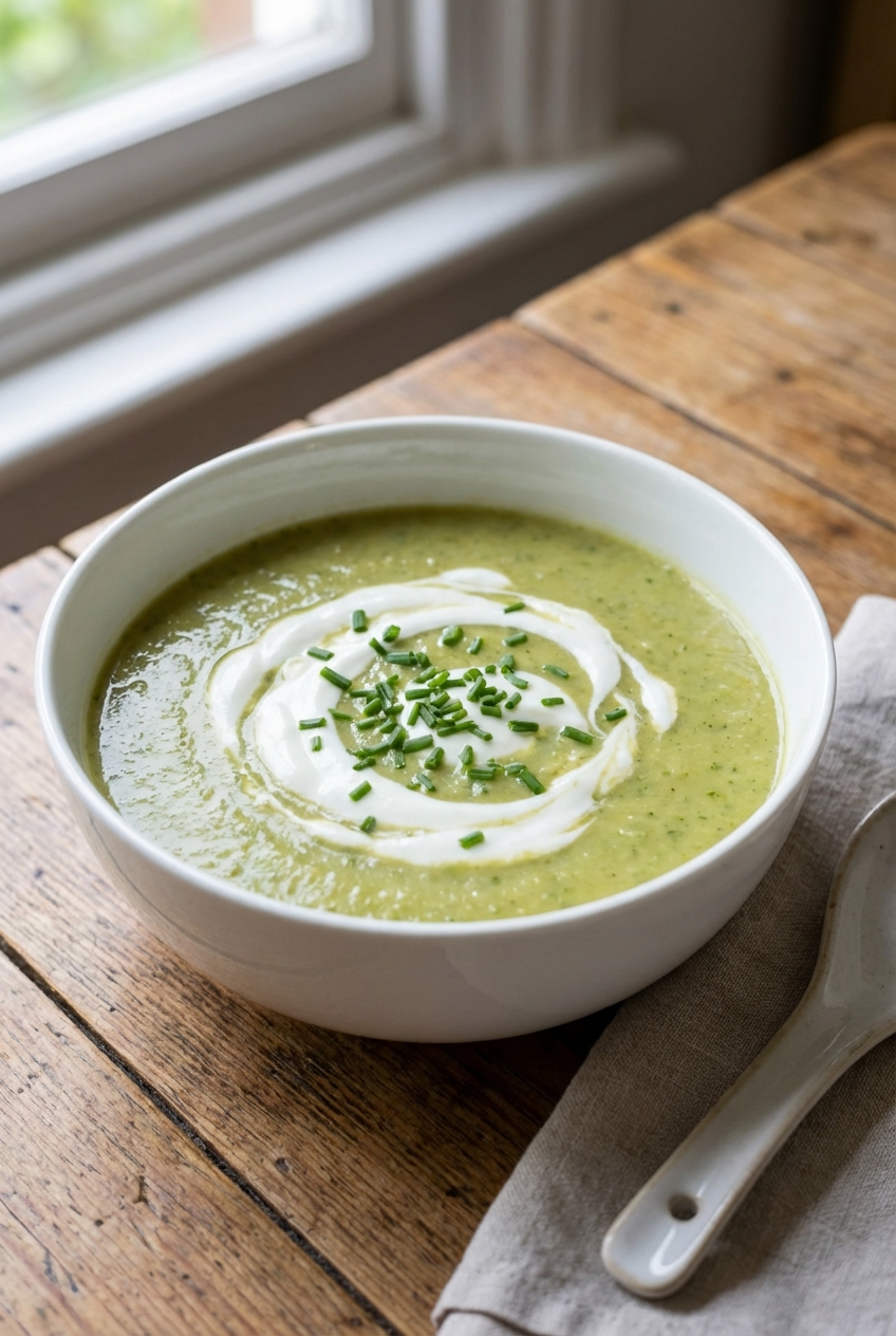 A close-up of asparagus soup topped with a yogurt swirl and chopped chives in a white bowl