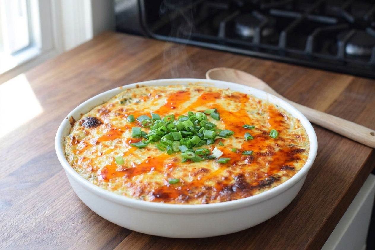A close-up of baked crab rangoon dip fresh from the oven with browned cheese on top and green onions scattered over the surface