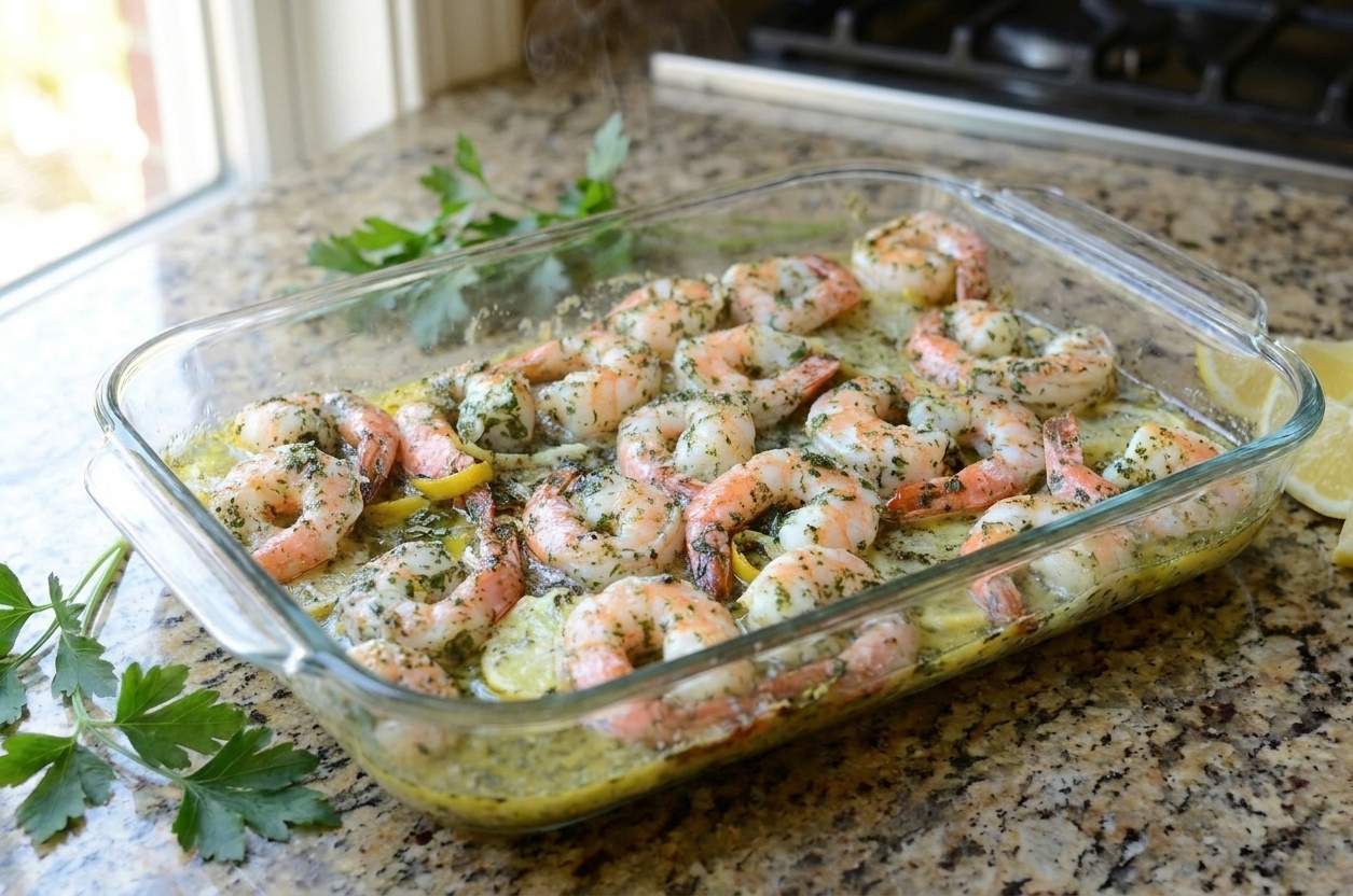A close-up of baked shrimp with lightly browned edges in a dish, topped with chopped parsley and lemon wedges on a warm kitchen counter