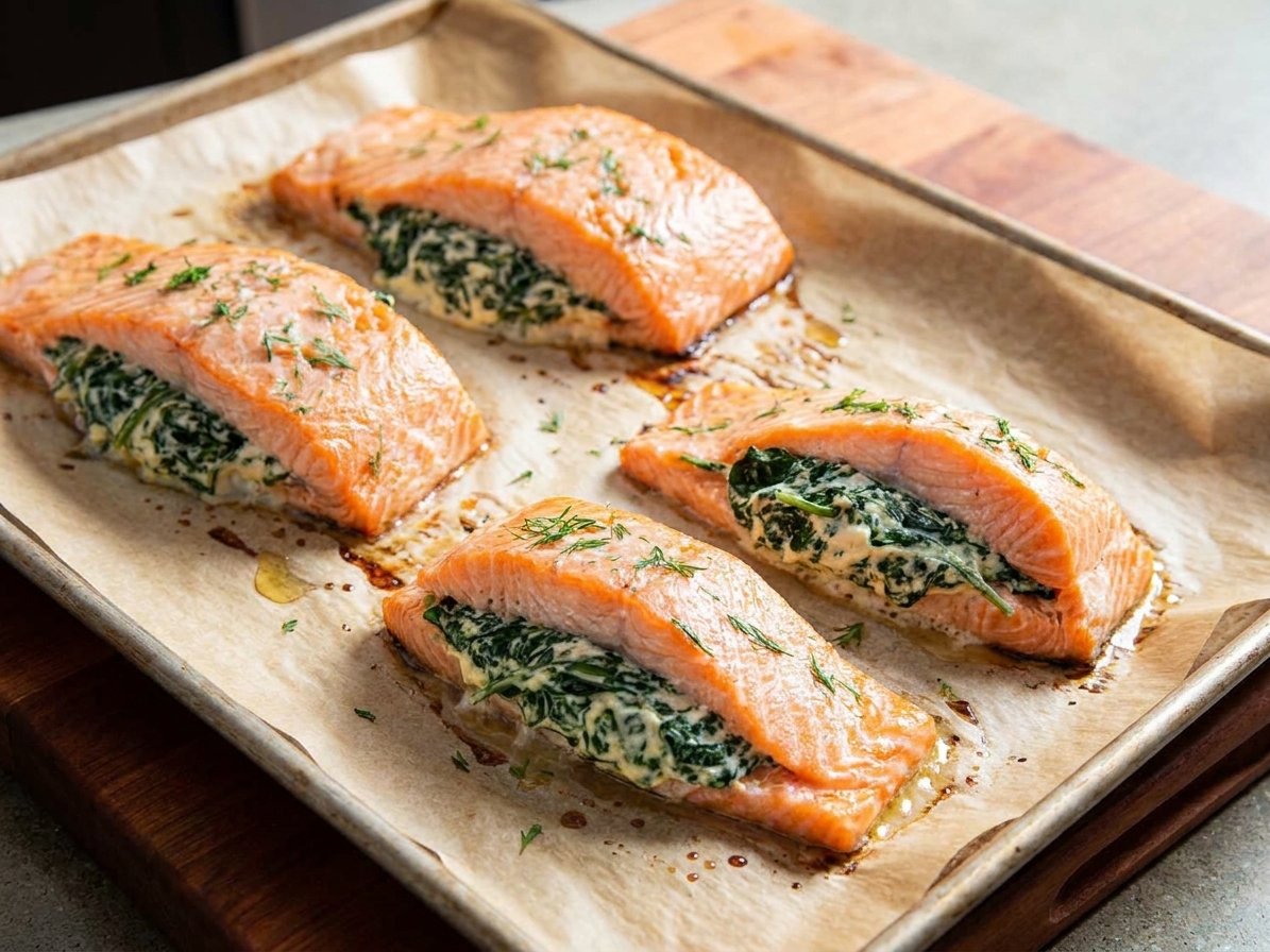 A close-up of baked stuffed salmon with lightly browned edges and creamy spinach filling set on a sheet pan