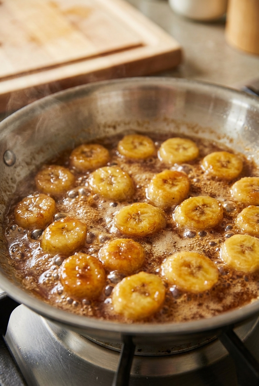 A close-up of banana slices caramelizing in a bubbling brown sugar butter sauce in a stainless steel skillet