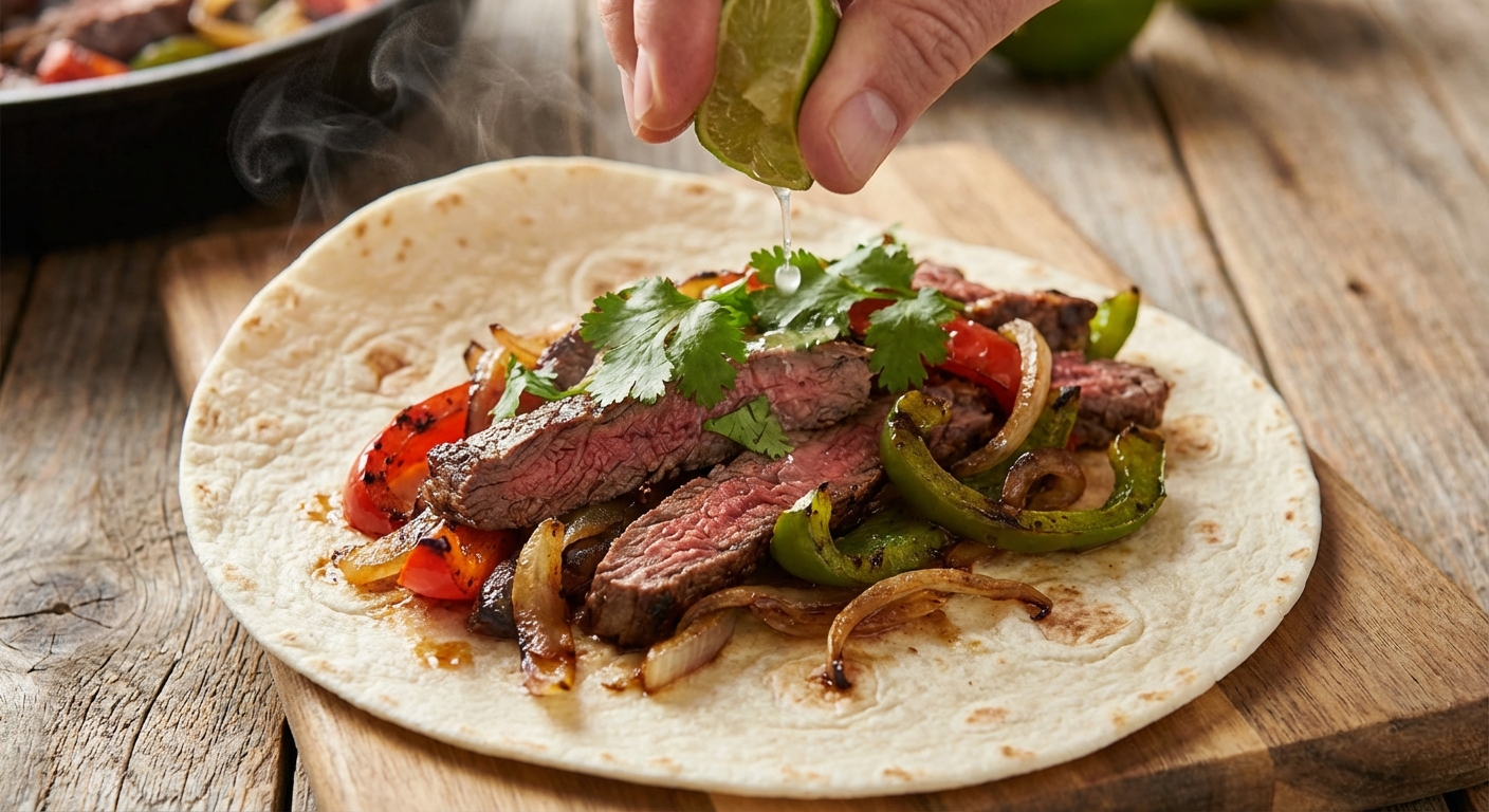 A close-up of beef fajitas being assembled in a warm tortilla with peppers, onions, cilantro, and a squeeze of lime