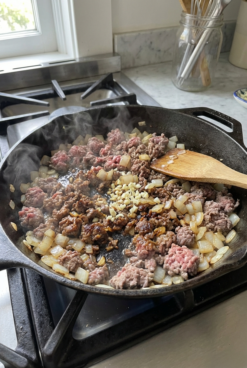 A close-up of beef mince browning in a skillet with onions and garlic