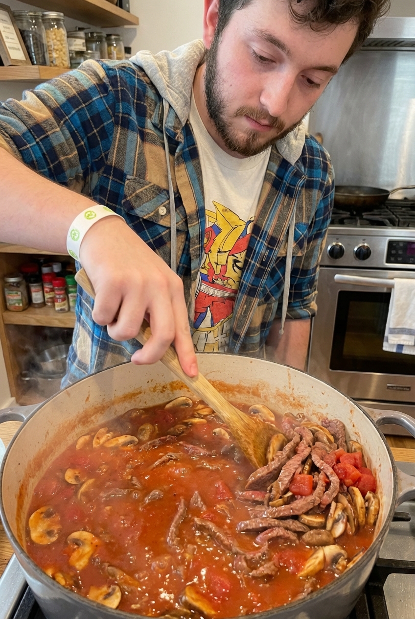A close-up of beef slices in a rich mushroom tomato sauce being stirred in a pot with a wooden spoon