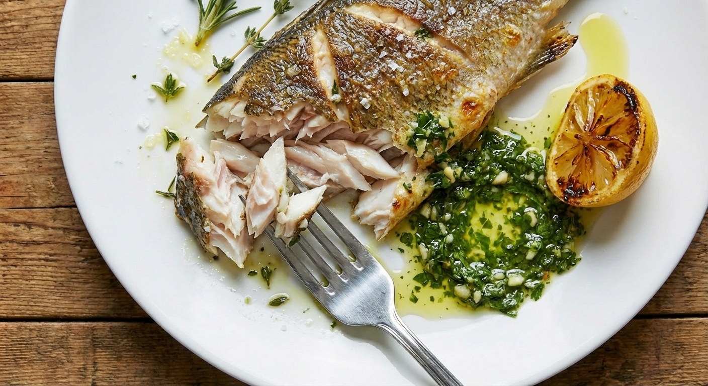 A close-up of branzino flesh flaking with a fork next to a pool of green herb sauce and charred lemon