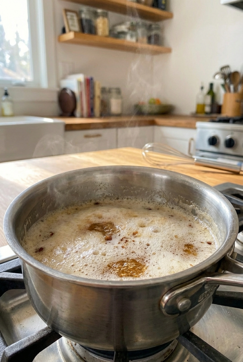 A close-up of browned butter foaming in a small saucepan on a stovetop