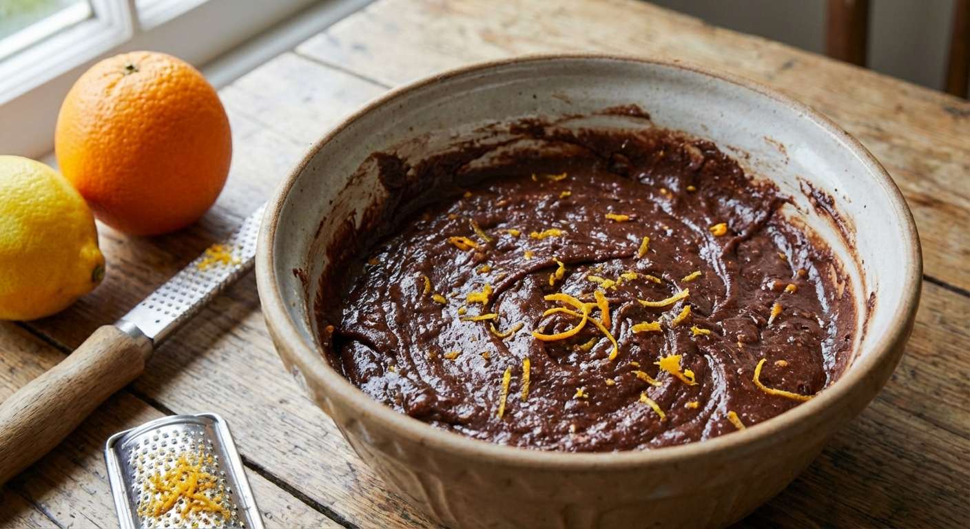 A close-up of brownie batter in a mixing bowl with visible orange and lemon zest