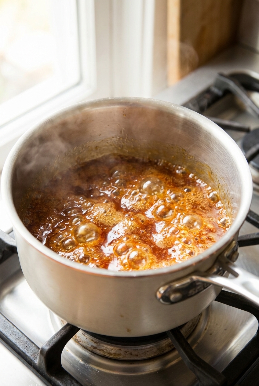 A close-up of bubbling amber caramel in a light-colored saucepan on a stovetop