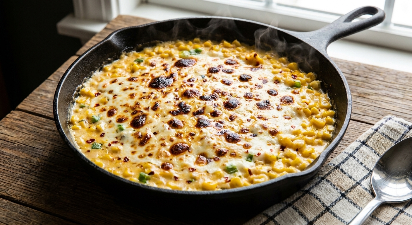A close-up of bubbling broiled mozzarella on top of creamy corn in a skillet, with browned spots and steam rising, realistic food photo