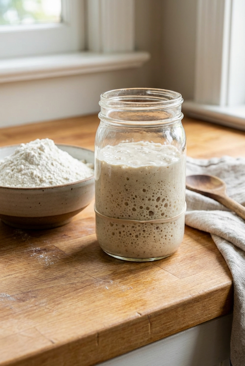 A close-up of bubbly active sourdough starter in a glass jar on a countertop next to a bowl of flour