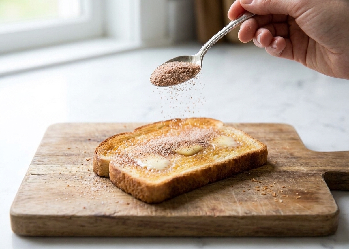A close-up of buttered toast being sprinkled with cinnamon sugar on a wooden cutting board