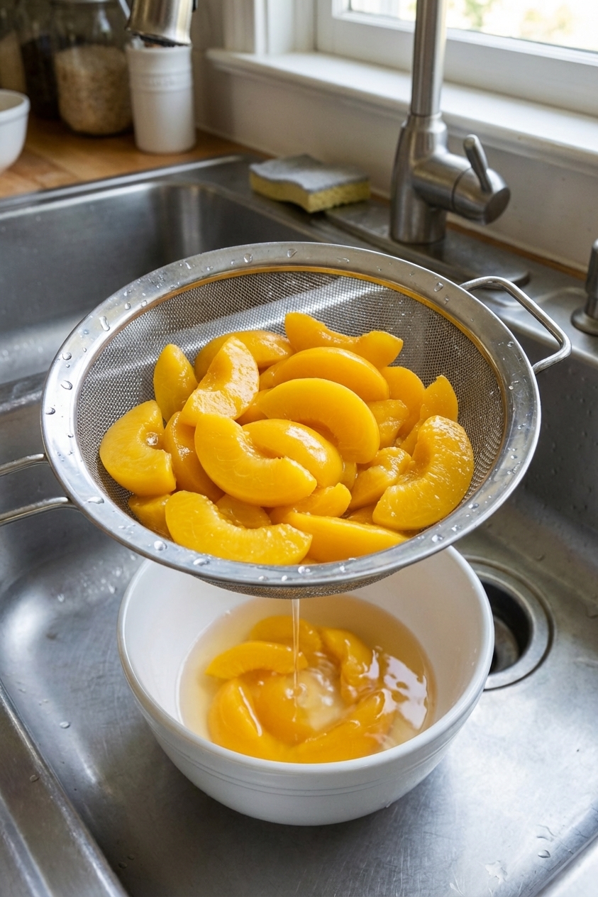 A close-up of canned peach slices in a colander draining over a bowl in a kitchen sink