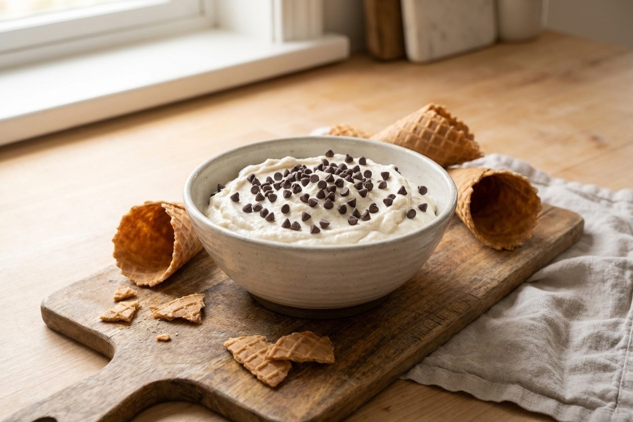 A close-up of cannoli dip in a serving bowl with mini chocolate chips sprinkled on top, surrounded by waffle cone pieces on a wooden board