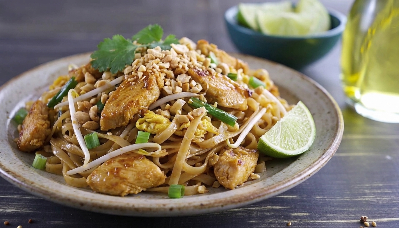 A close-up of chicken pad thai topped with crushed peanuts and a lime wedge on the side
