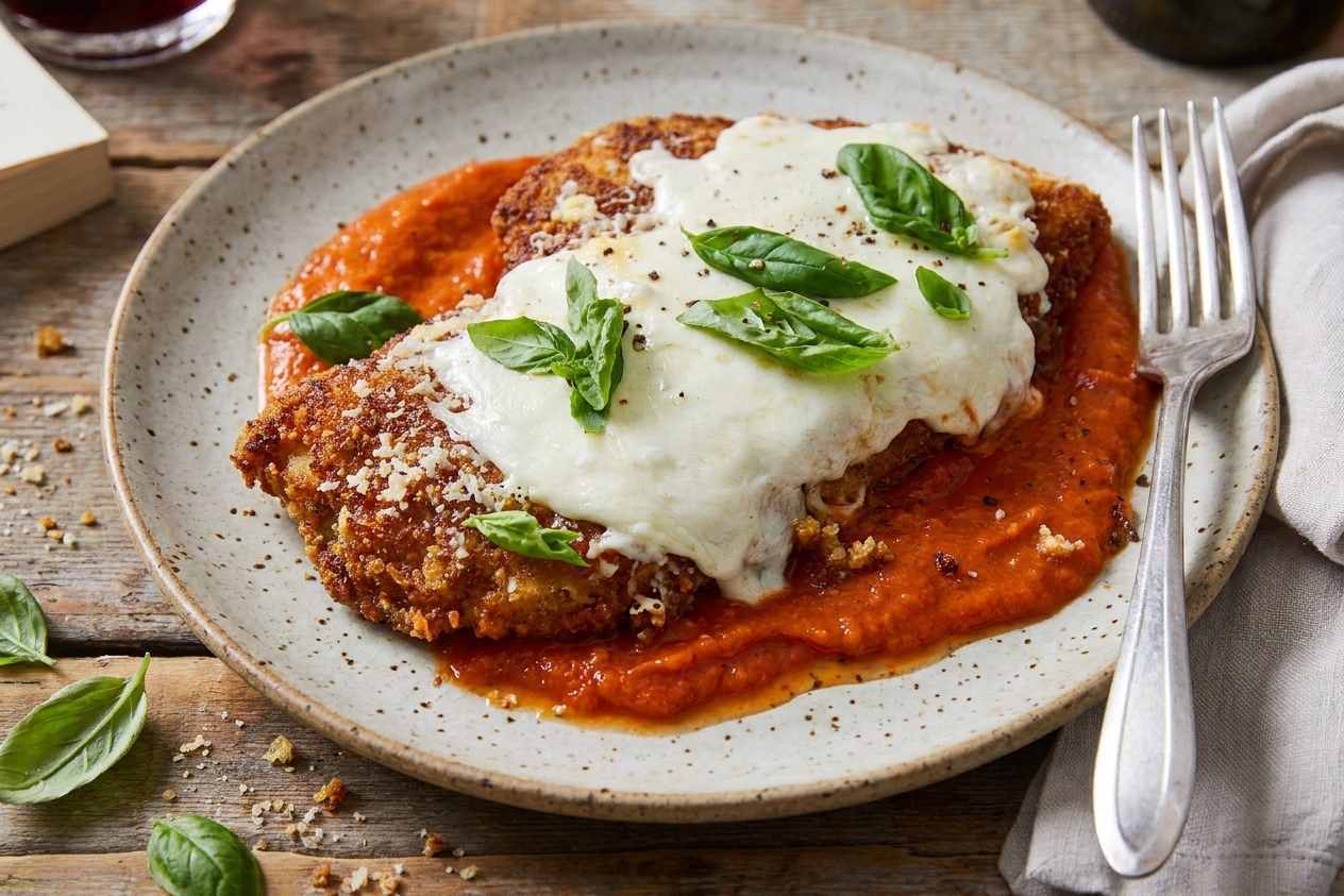 A close-up of chicken parmigiana with melted mozzarella bubbling over marinara sauce, fresh basil scattered on top