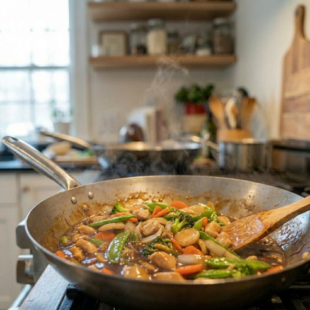 A close-up of chop suey in a pan as the sauce thickens to a glossy finish