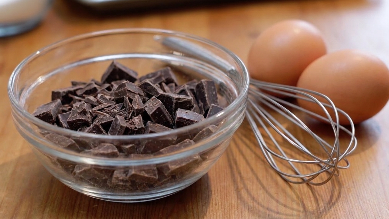 A close-up of chopped dark chocolate in a glass bowl on a kitchen counter next to a whisk and eggs