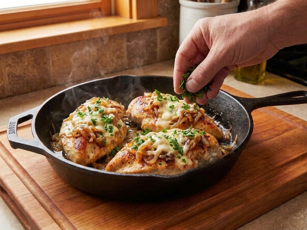 A close-up of chopped parsley being sprinkled over cheesy French onion chicken in a skillet on a kitchen counter