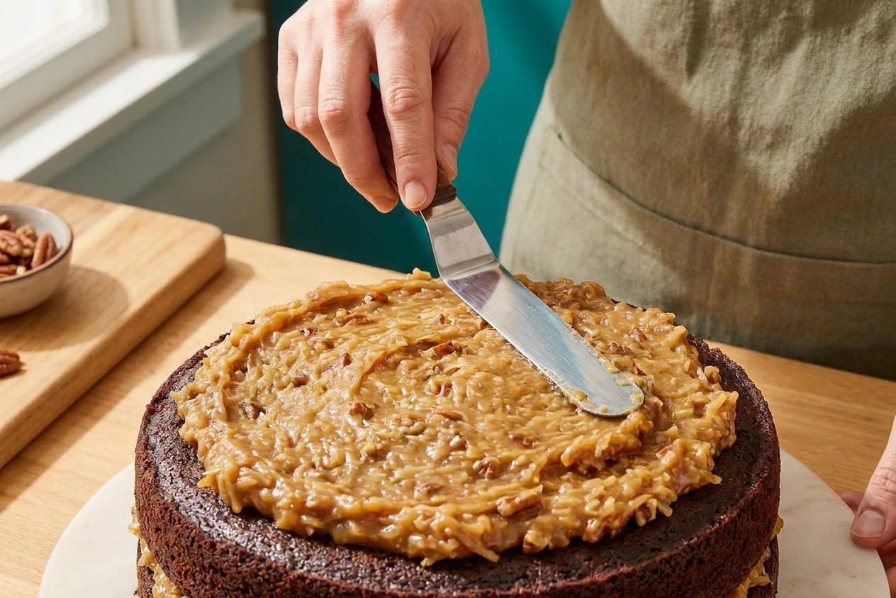A close-up of coconut-pecan frosting being spread over a cooled chocolate cake layer with an offset spatula on a simple kitchen counter