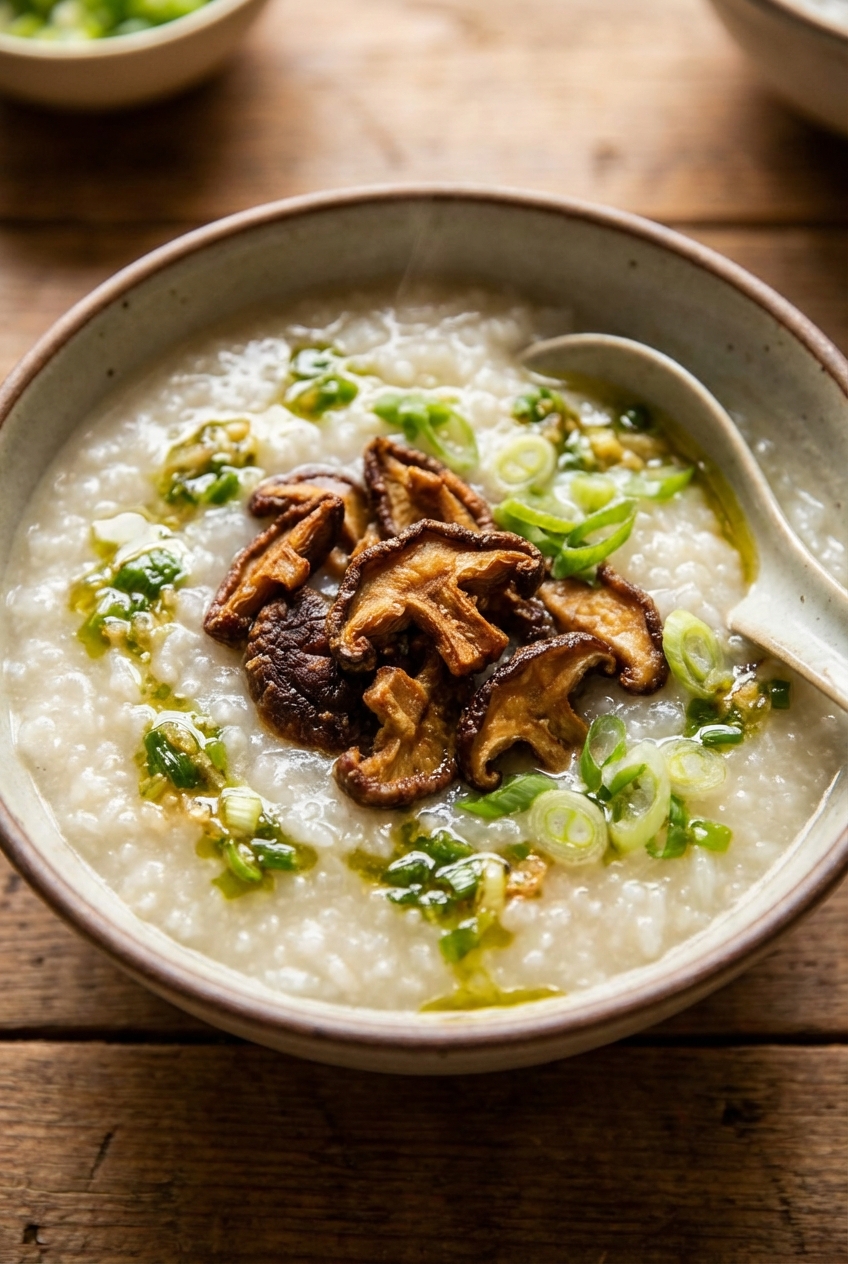 A close-up of congee topped with crispy mushrooms and ginger-scallion oil with a spoon resting on the bowl