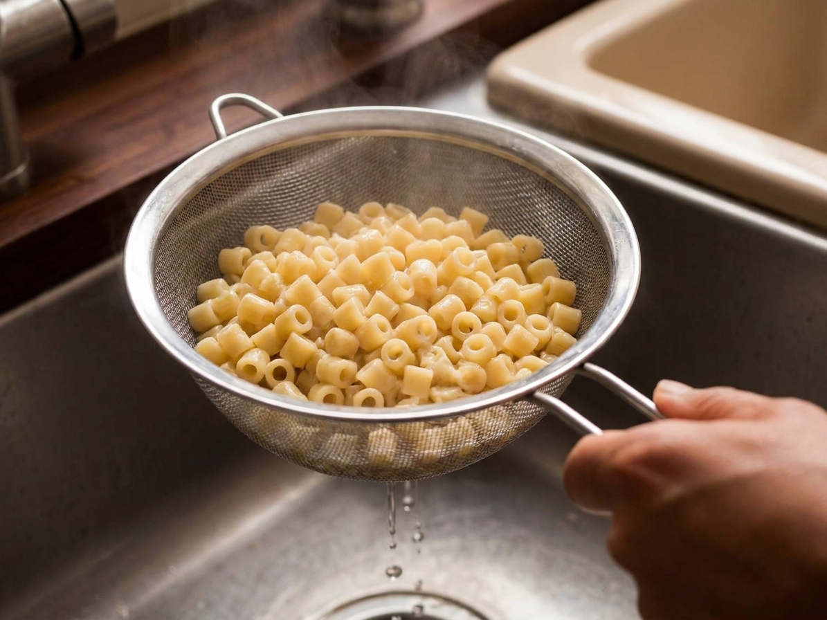 A close-up of cooked ditalini pasta draining in a fine-mesh strainer over a sink