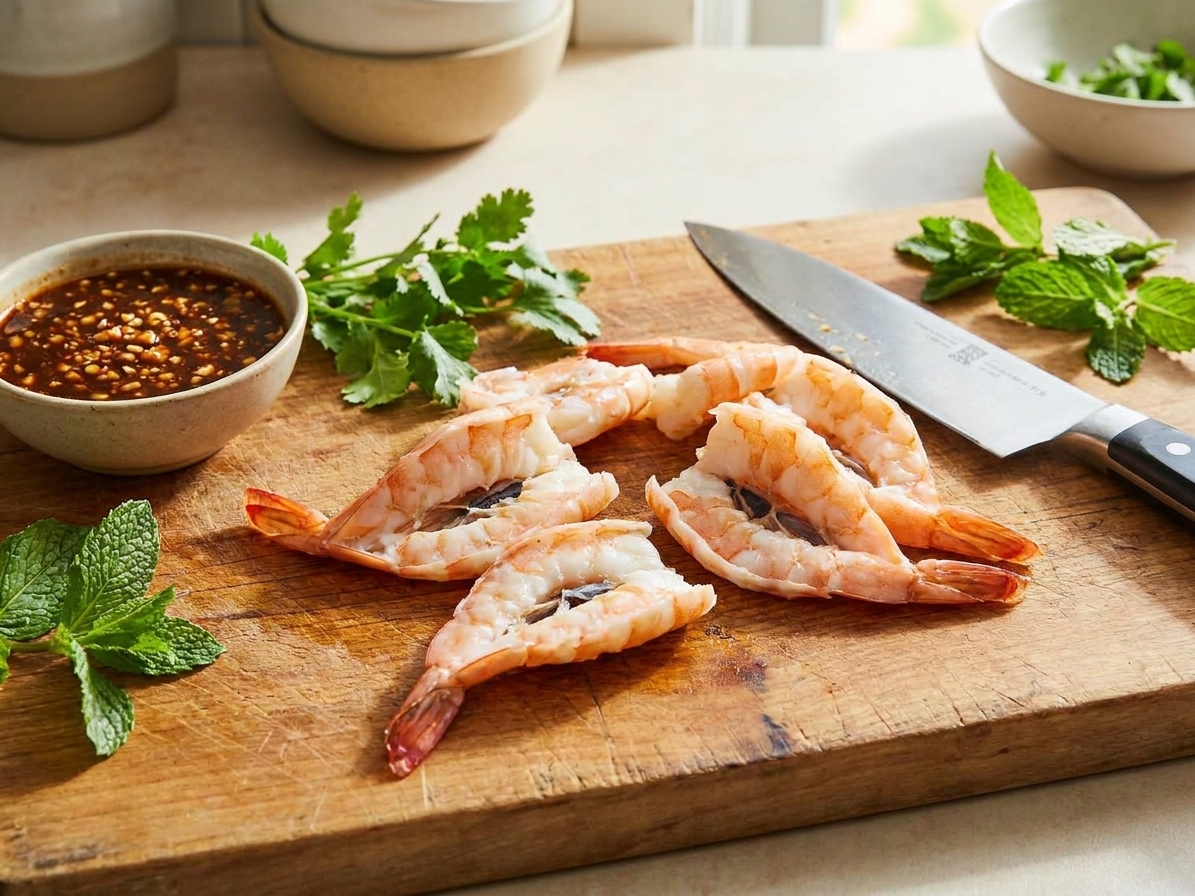 A close-up of cooked shrimp sliced in half lengthwise on a cutting board