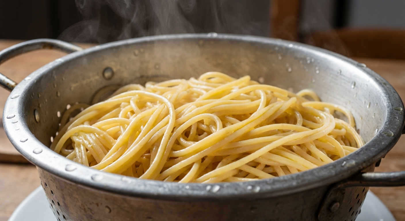 A close-up of cooked spaghetti strands glistening in a colander with a few droplets of water