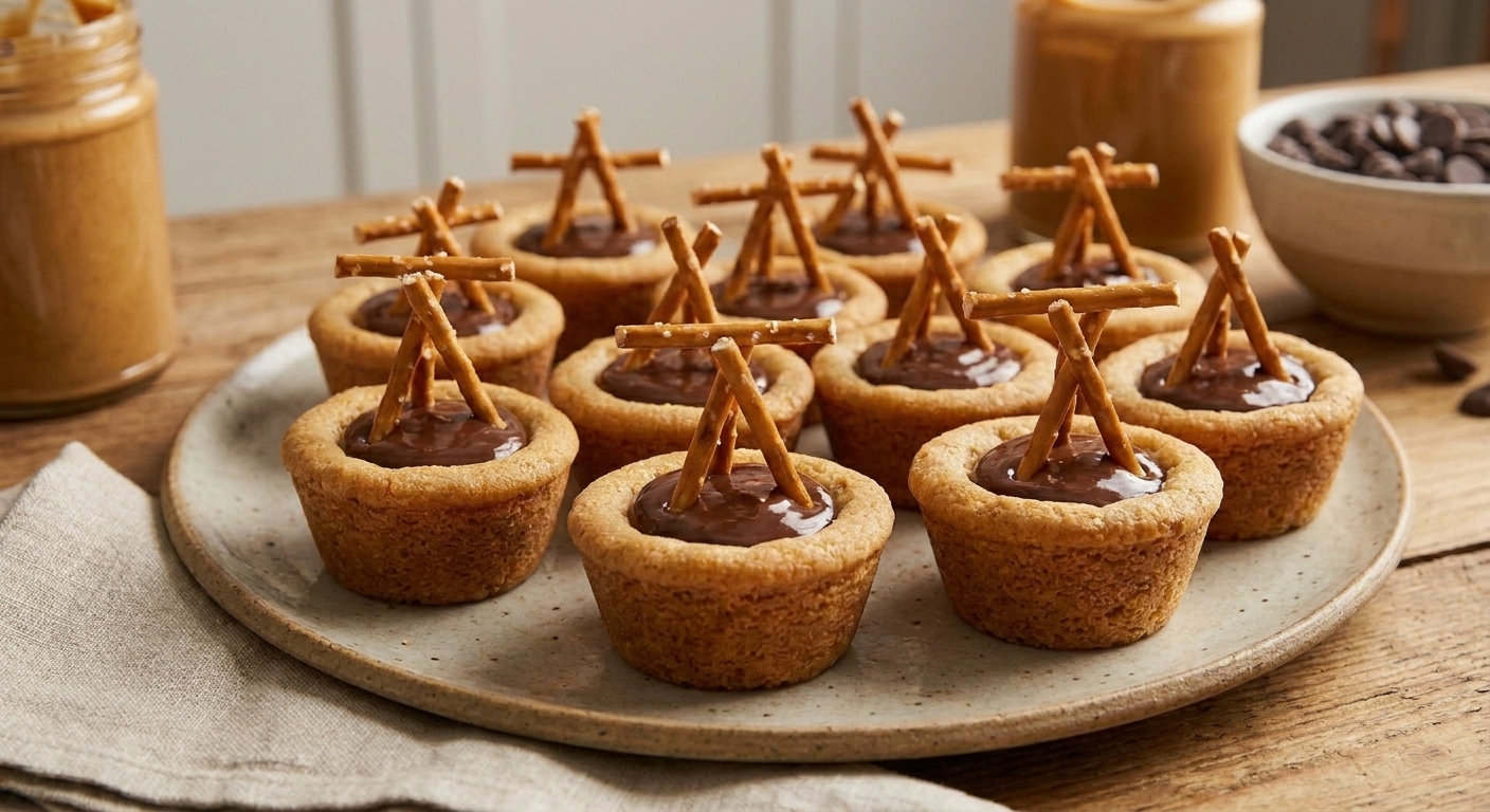 A close-up of cookie cups filled with chocolate-peanut butter filling, topped with pretzel sticks arranged like small scaffolding beams