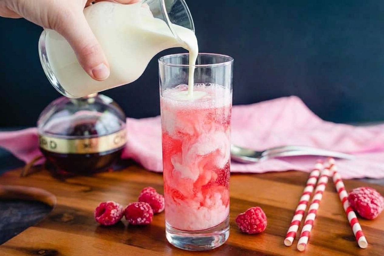 A close-up of cream being poured into a fizzy pink Italian soda, creating a marbled swirl in the glass
