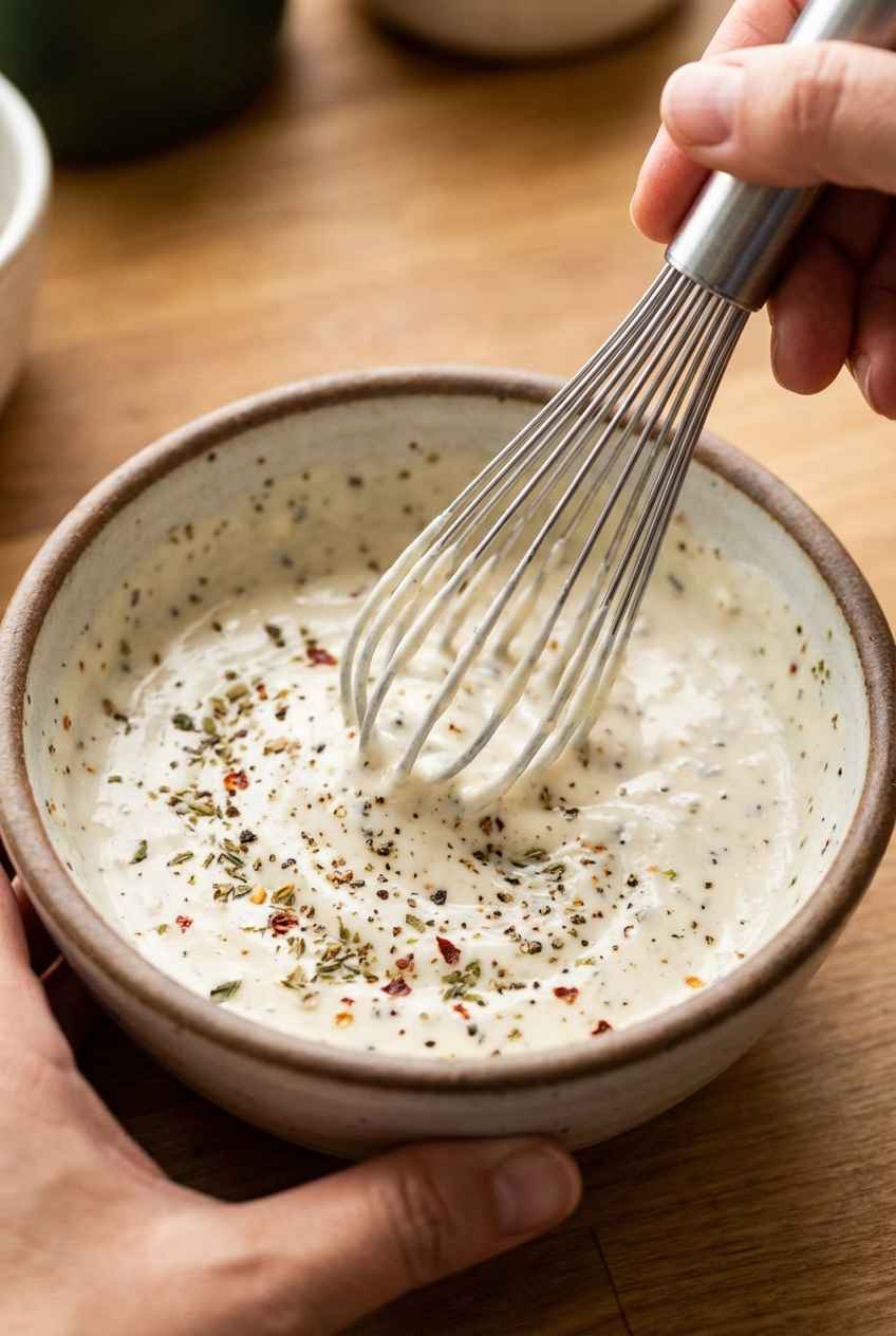 A close-up of creamy Italian dressing being whisked in a small bowl with dried herbs on the surface