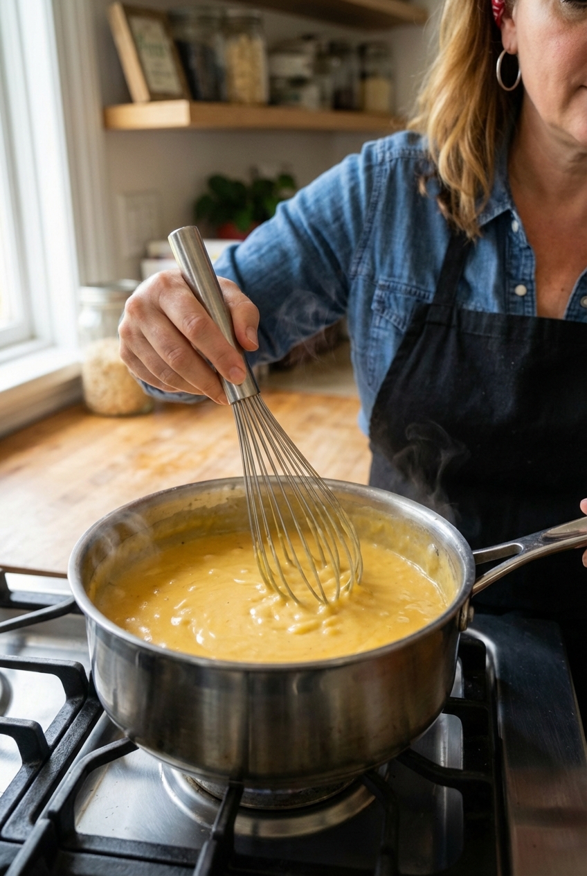 A close-up of creamy cheese sauce being whisked in a saucepan on a stovetop