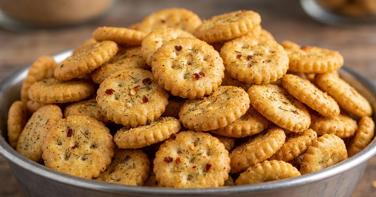 A close-up of crisp fire crackers in a serving bowl, showing visible dill and red pepper flakes on the crackers