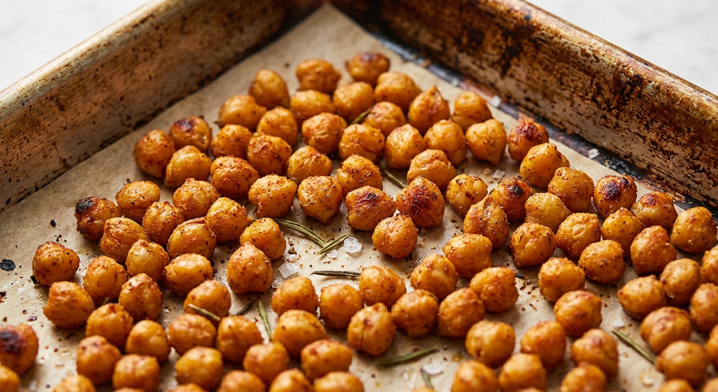 A close-up of crispy roasted chickpeas on a sheet pan with browned edges