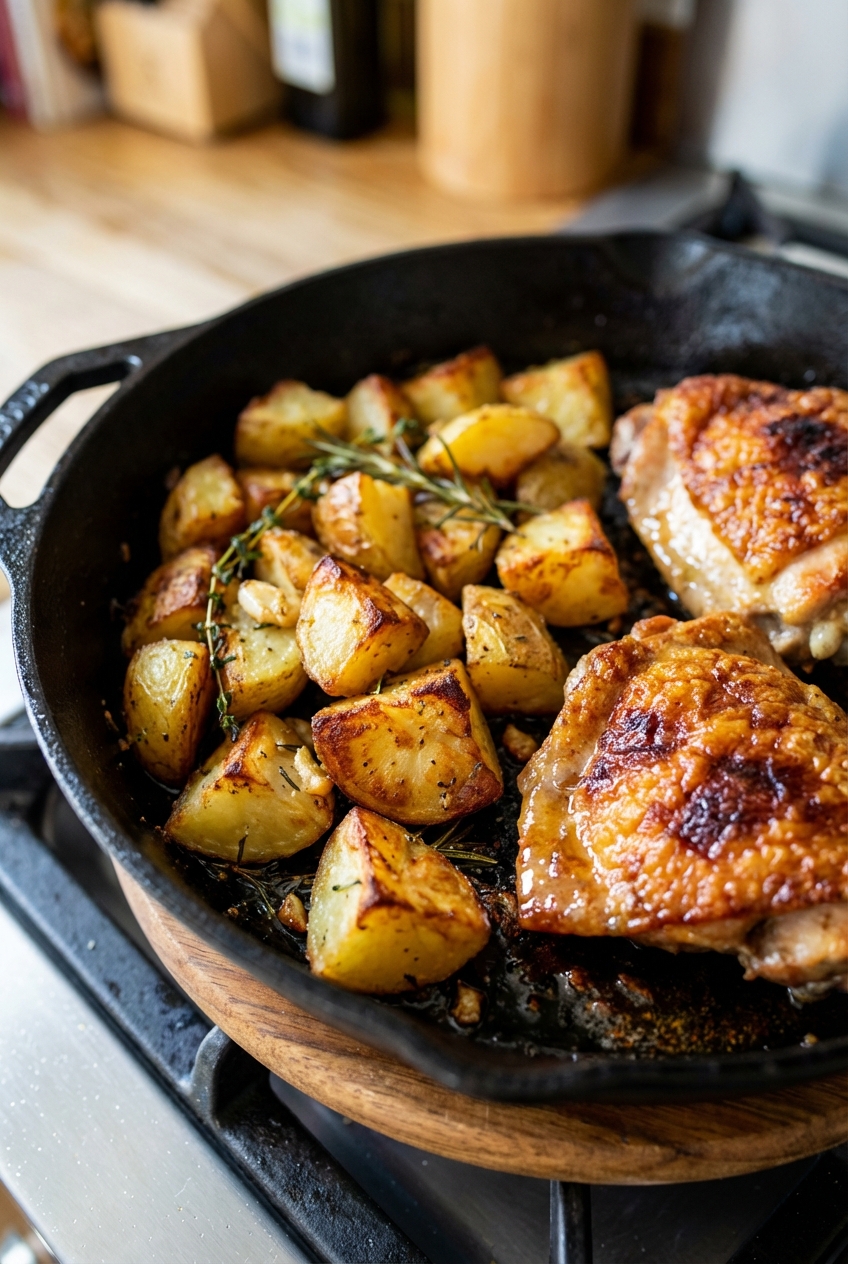 A close-up of crispy roasted potato pieces with browned edges in a skillet next to browned chicken skin