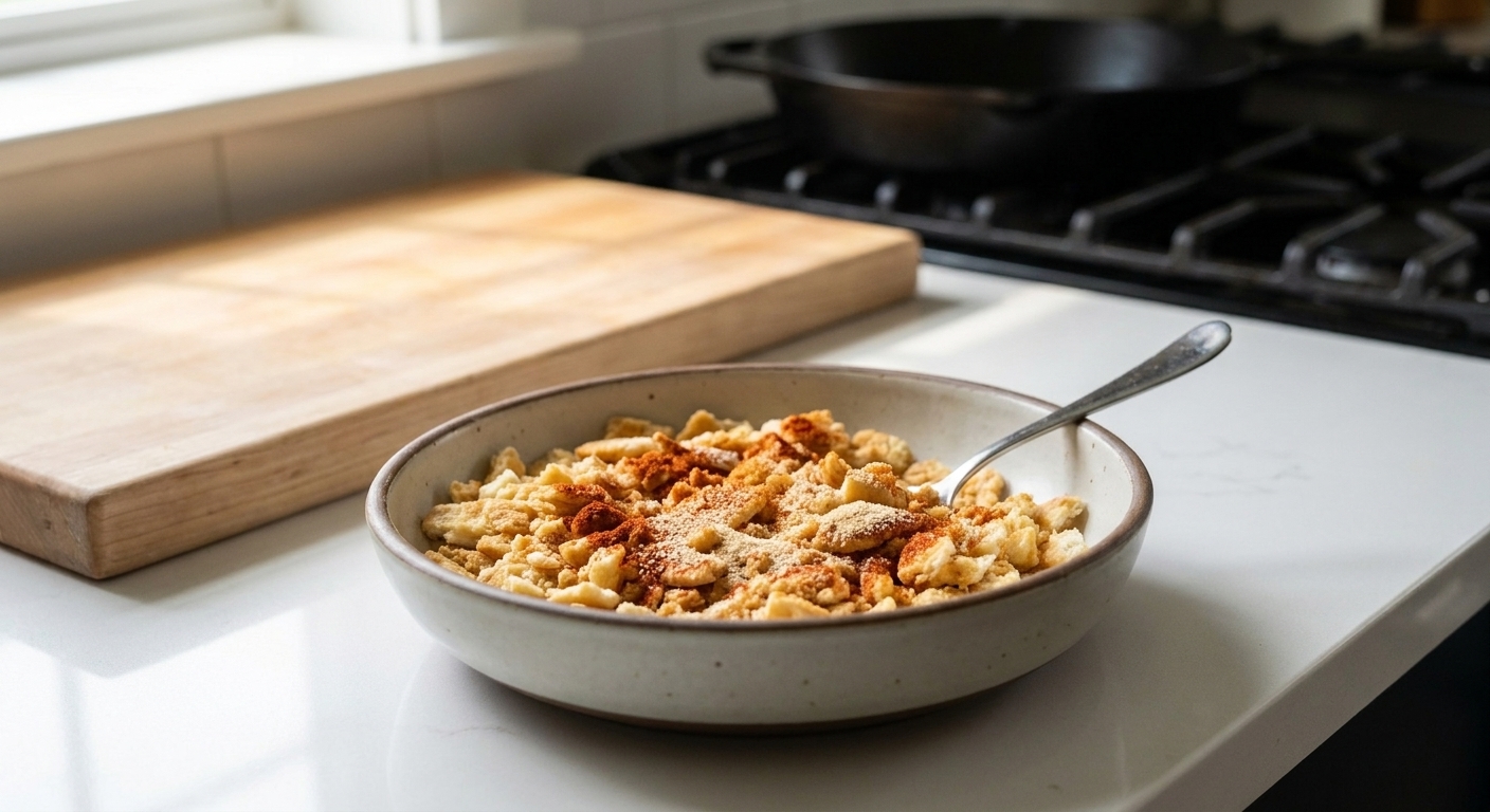A close-up of crushed buttery crackers in a shallow bowl with paprika and garlic powder sprinkled over the top on a kitchen counter