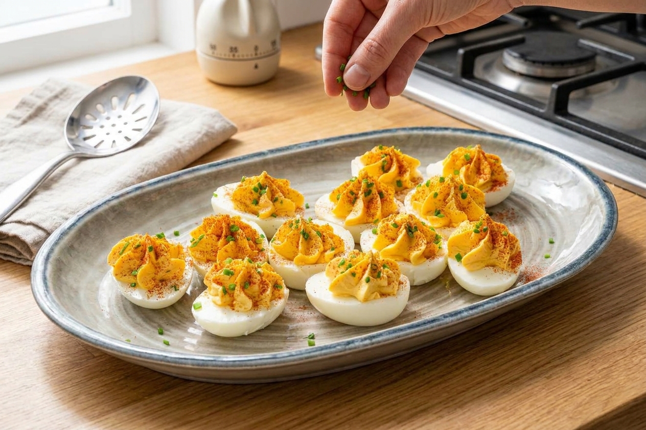 A close-up of deviled eggs topped with paprika and chopped chives on a serving platter